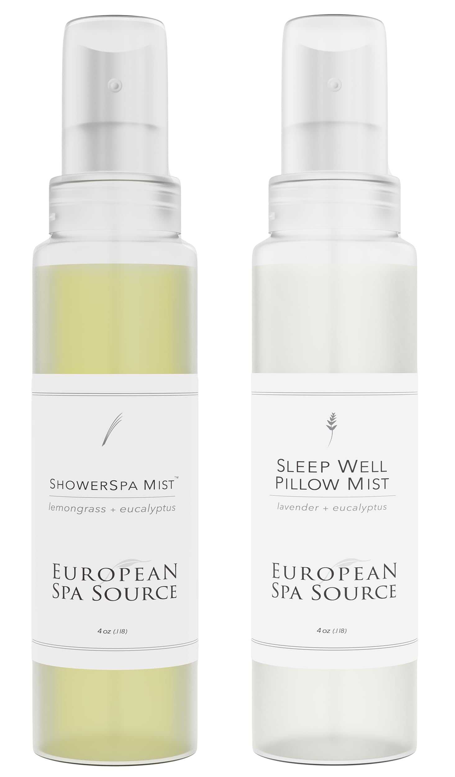 European Spa SourceLemongrass + Eucalyptus ShowerSpa Mist & Lavender + Eucalyptus Pillow Mist Sprays Bundle for Aromatherapy, at Home Spa Experience, and Tension Relief, 4 fl oz. (Each)