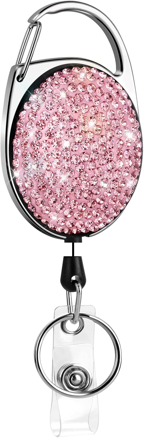 SAVORI Soporte retráctil con clip para cinturón, llavero con diamantes de imitación, carrete de tarjeta de identificación, cordón de 24 pulgadas,