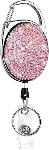 SAVORI Soporte retráctil con clip para cinturón, llavero con diamantes de imitación, carrete de tarjeta de identificación, cordón de 24 pulgadas,