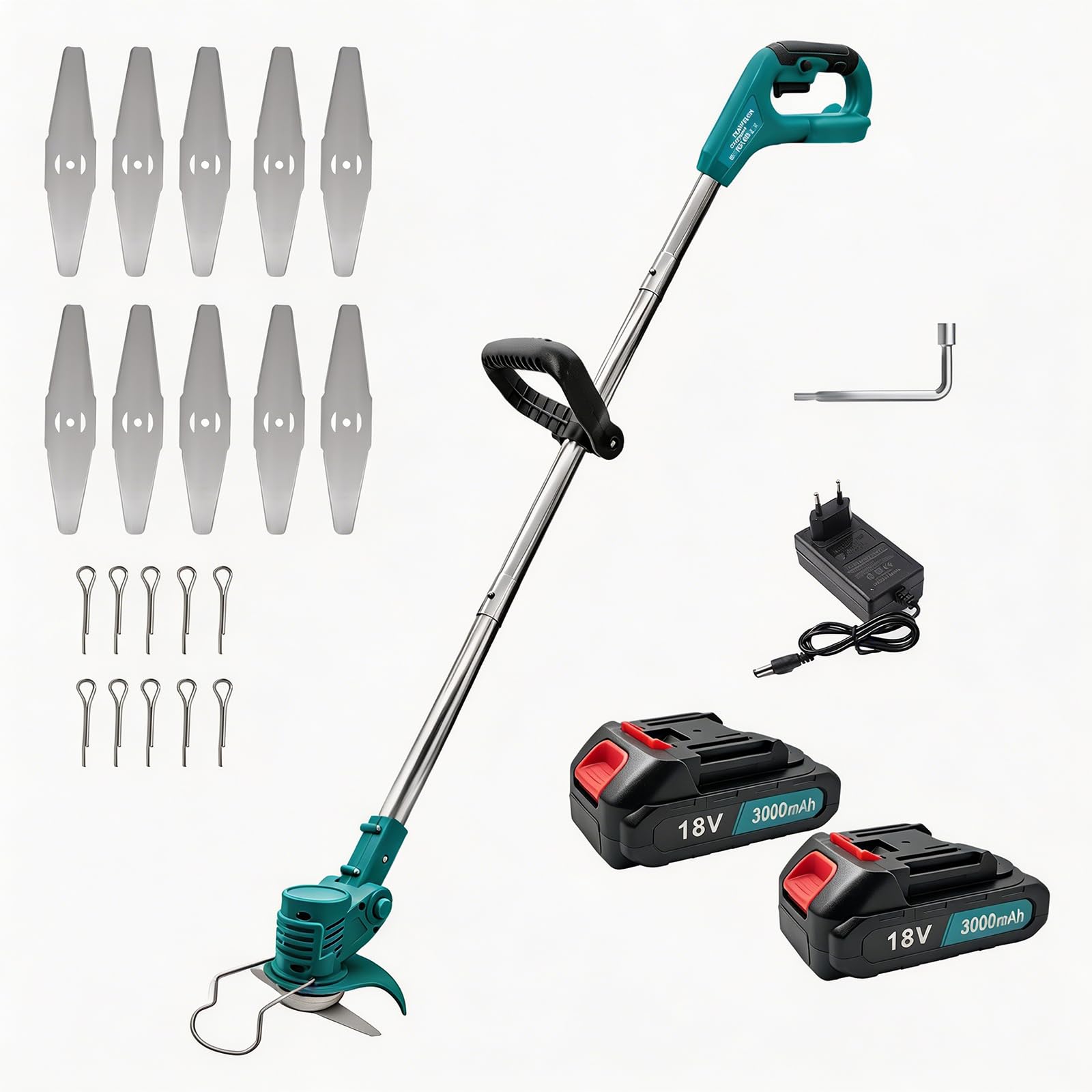 Cortacésped inalámbrico con batería, con 2 baterías de 3,0 Ah y cargador, recortadora de jardín ajustable y desmontable para jardín, césped y setos, incluye 10 cuchillos y accesorios