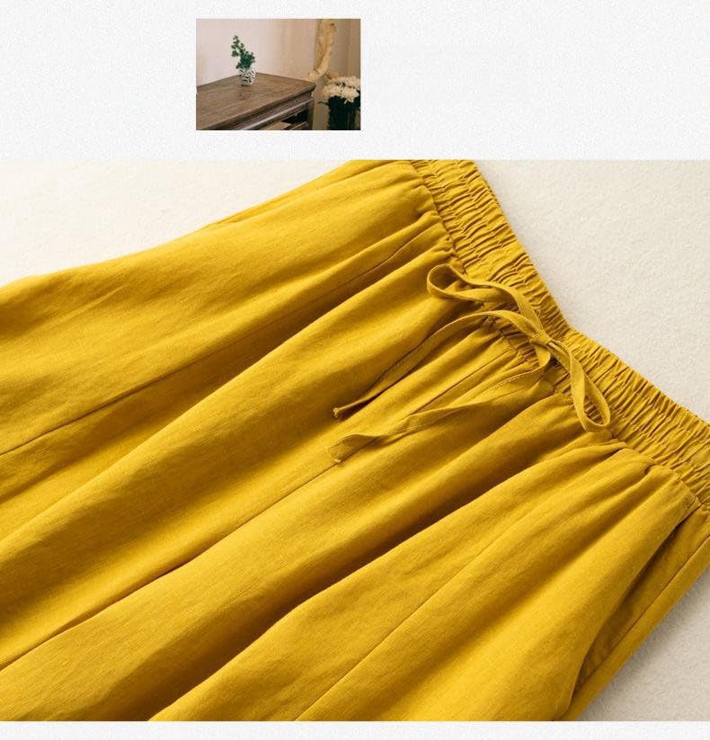 Woman Wide Leg Linen Cropped Pants Elastic High Waist Drawstring Plain Casual Baggy Trousers Lightweight Pant2