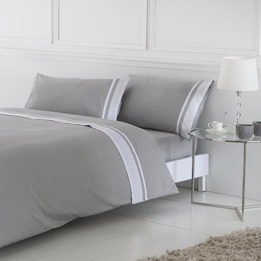 Funda nordica LUGO Saten DE 400 Hilos Gris - Blanco Cama de 180 x 190/200. 100% Saten ALGODÓN. Cierre con Solapa Color Gris con Cenefa EN Blanco