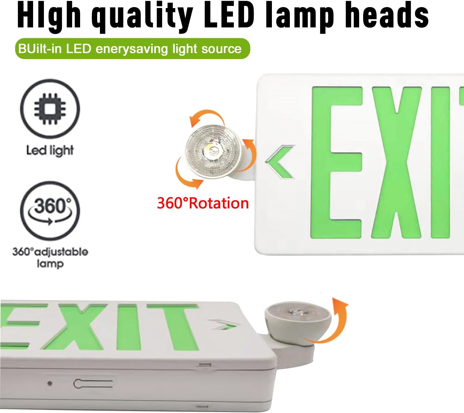 OSTEK Green LED Exit Sign with Emergency Lights, Two Adjustable Head Emergency Exit Lights with Battery Backup, Dual LED Lamp ABS Fire Resistance UL-Listed 120-277V (Green, 2 Pack)