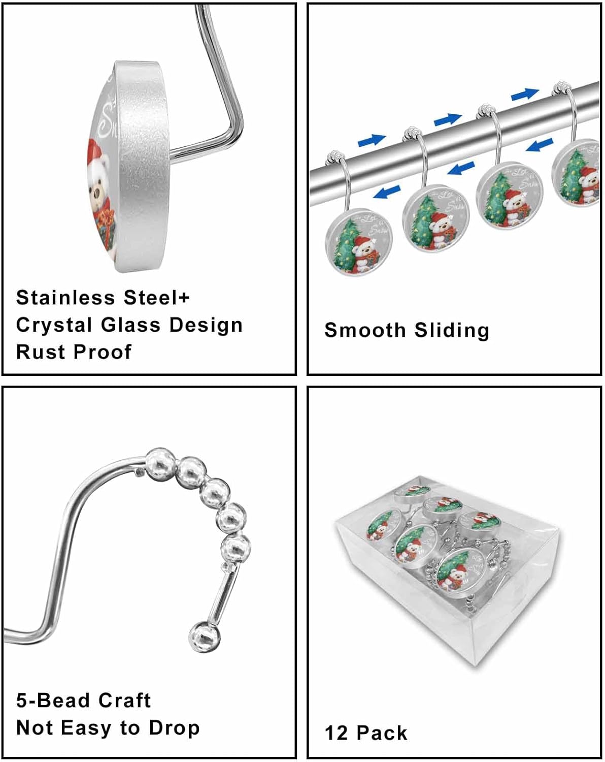 Shower Curtain Hooks 12 Pcs Christmas Red Cap Bear with Gifts Xmas Tree Snowflake Grey Stainless Steel Rust Proof Rolling Shower Curtain Rings, Decorative Shower Curtain Hooks Hangers for Bathroom