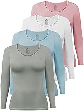 ALPIDEX Women's Long-Sleeved T-Shirt Pack of 4 Basic Plain Cotton Elastic Round Neck Inner T-Shirt