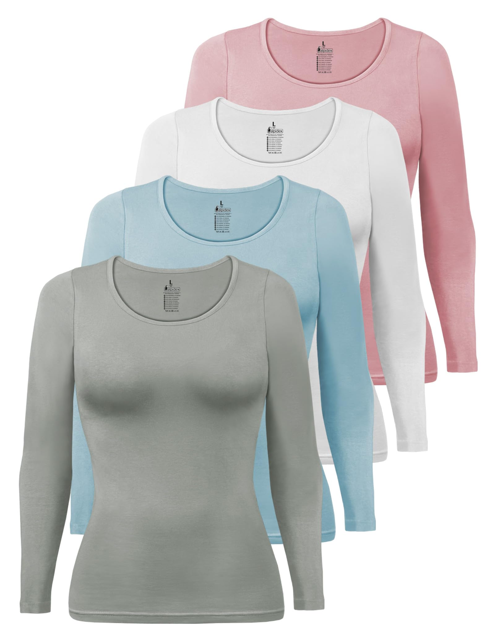 Alpidex Women's Sunrise Long Sleeve Tops 4 Pack Basic Cotton Stretch Shirt Undershirt Round Neck Plain Layer Top, Size:s, Colour: