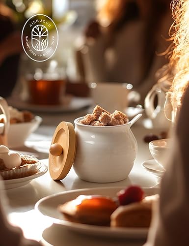 Miniatura 6 de AISBUGUR Azucarero con tapa y cuchara, tarro de azúcar de 13 onzas con tapa de bambú, recipiente de cerámica para barra de café, encimera,