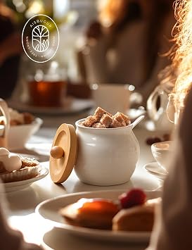 AISBUGUR Sugar Bowl with Lid and Spoon: 10oz Sugar Jar with Bamboo Lid,Ceramic Sugar Container for Coffee Bar - Countertop,Kitchen Decor (White)