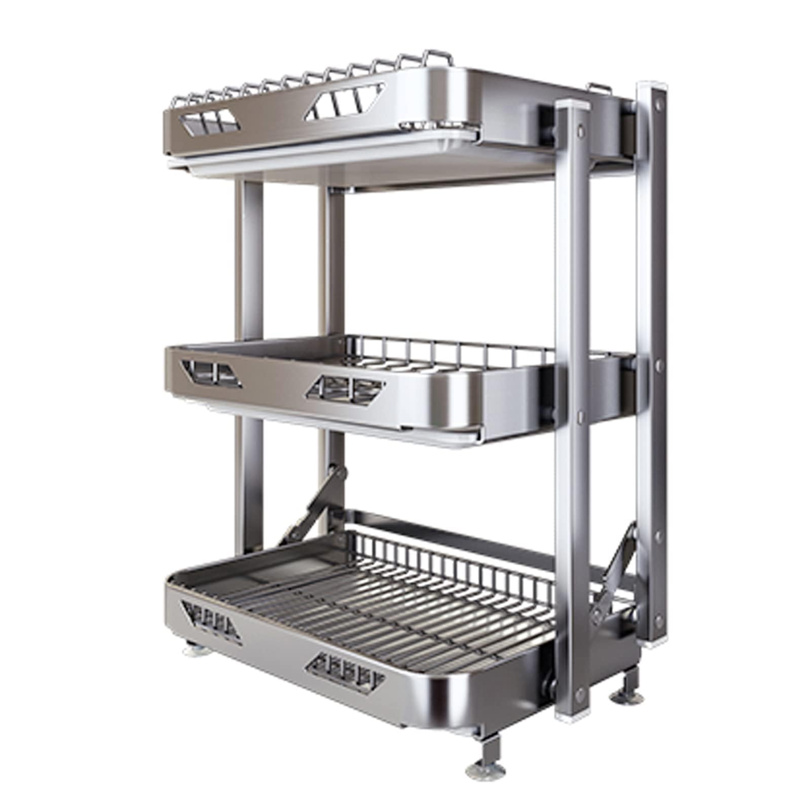 SaryEdge 3-Tier Foldable Stainless Steel Dish Drying Rack with Drain Board Utensil Holder & Cutting Board Holder - Space-Saving Kitchen Countertop,3 layer,3 layer