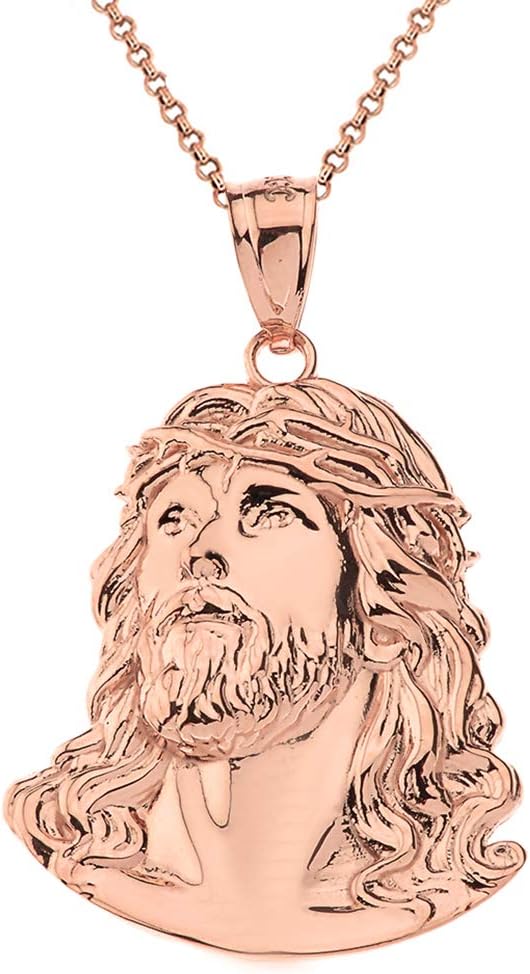 Fashion 14k Rose Gold Face of Christ, Jesus Pendant Necklace, 1.46"