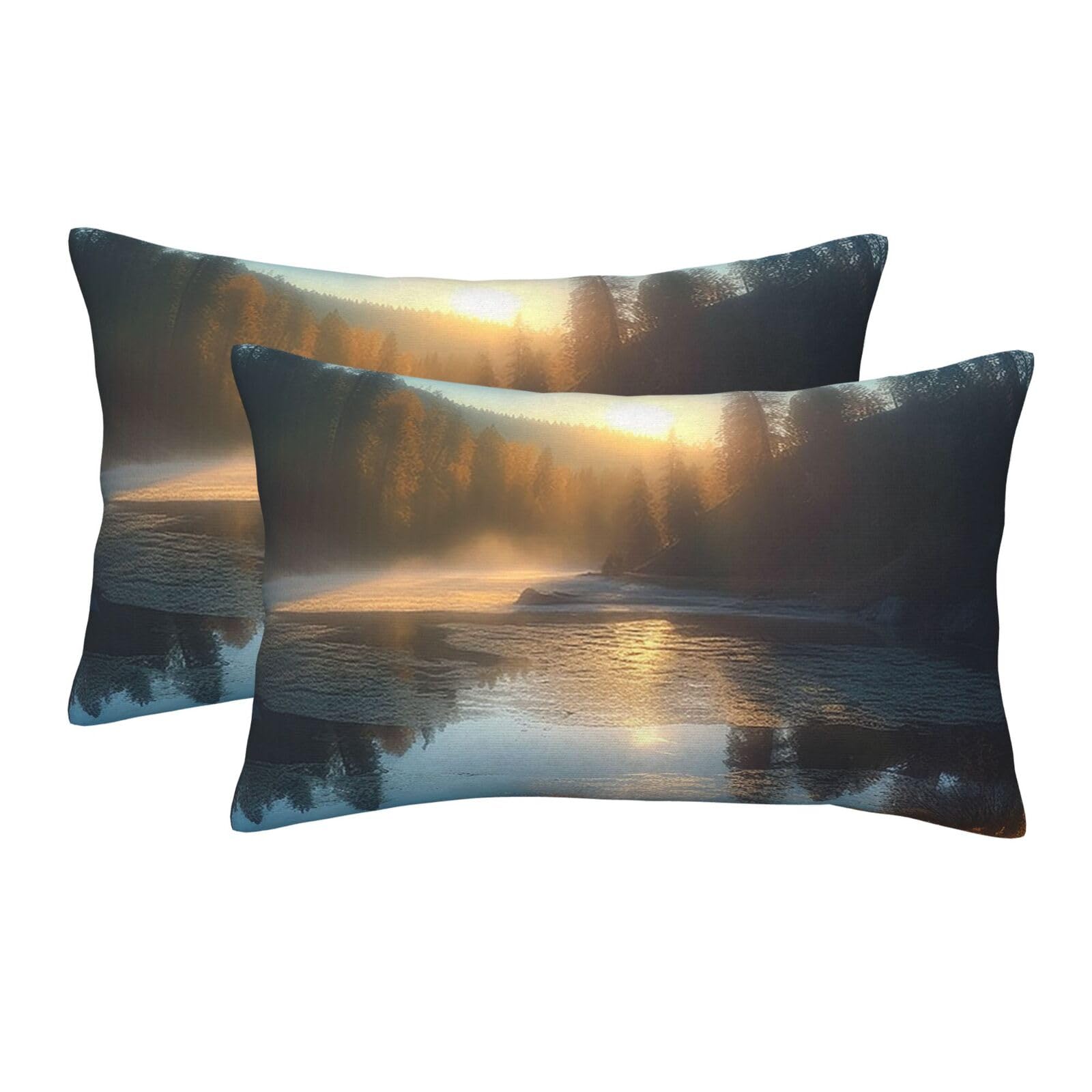 2 Pack Pillow Cases with Hidden Zipper, Soft Breathable Pillow Covers for Hair and Skin, Sunrise Over Mountain Forest Lake Pillowcases 20"x30" Bed Pillow Protectors Cover for Sleeping Gifts
