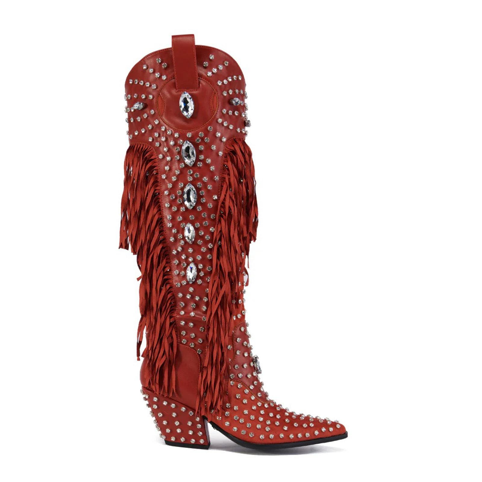 Womens Fringe Western Cowgirl Boots Pointed Toe Rhinestone Mid Calf Cowboy Boots for Women