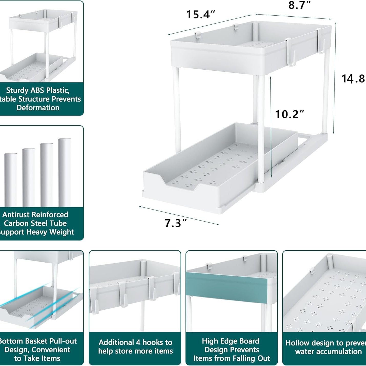 Organizer da cucina a 2 ripiani, scorrevole, multiuso, per bagno, cestino estraibile inferiore (due, bianco)