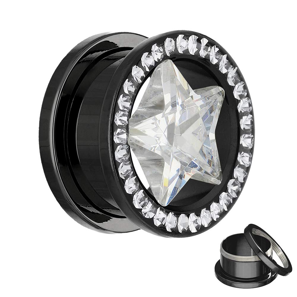 Treuheld KRISTALL STERN ZIRKONIA Strass Piercing - OHR PLUG - SCHWARZ zum Schrauben 10 Größen 4-20mm - transparente Stei