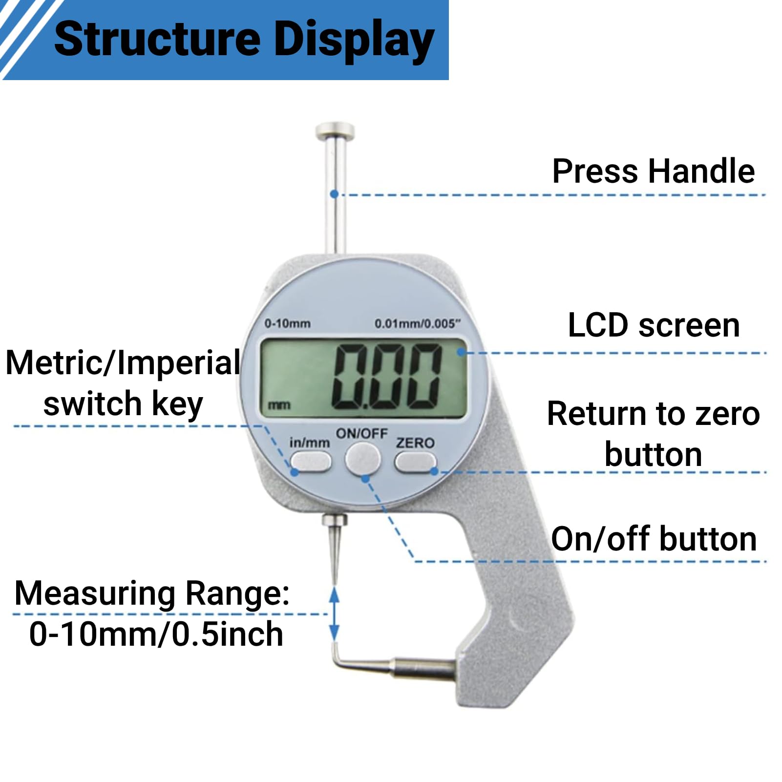 LiebeWH Spessimetro Gamma 0-10MM Schermo LCD Display Digitale Punta Curva Mini Spessimetro Strumenti di Misurazione dello Spessore per Materiali Morbidi