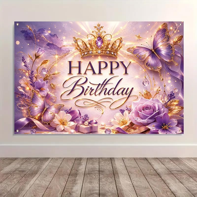 Happy Birthday Banner Purple Butterfly Crown Theme 71 x 43 Inch Elegant Birthday Party Decoration Backdrop Wall Hanging Polyester Banner Indoor Covered Outdoor Display