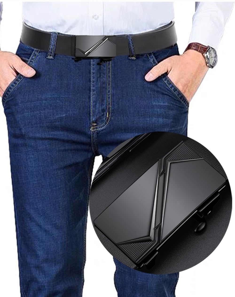 Black Belt Men, Leather Ratchet Designer Belt Dress Casual for Jeans, 28