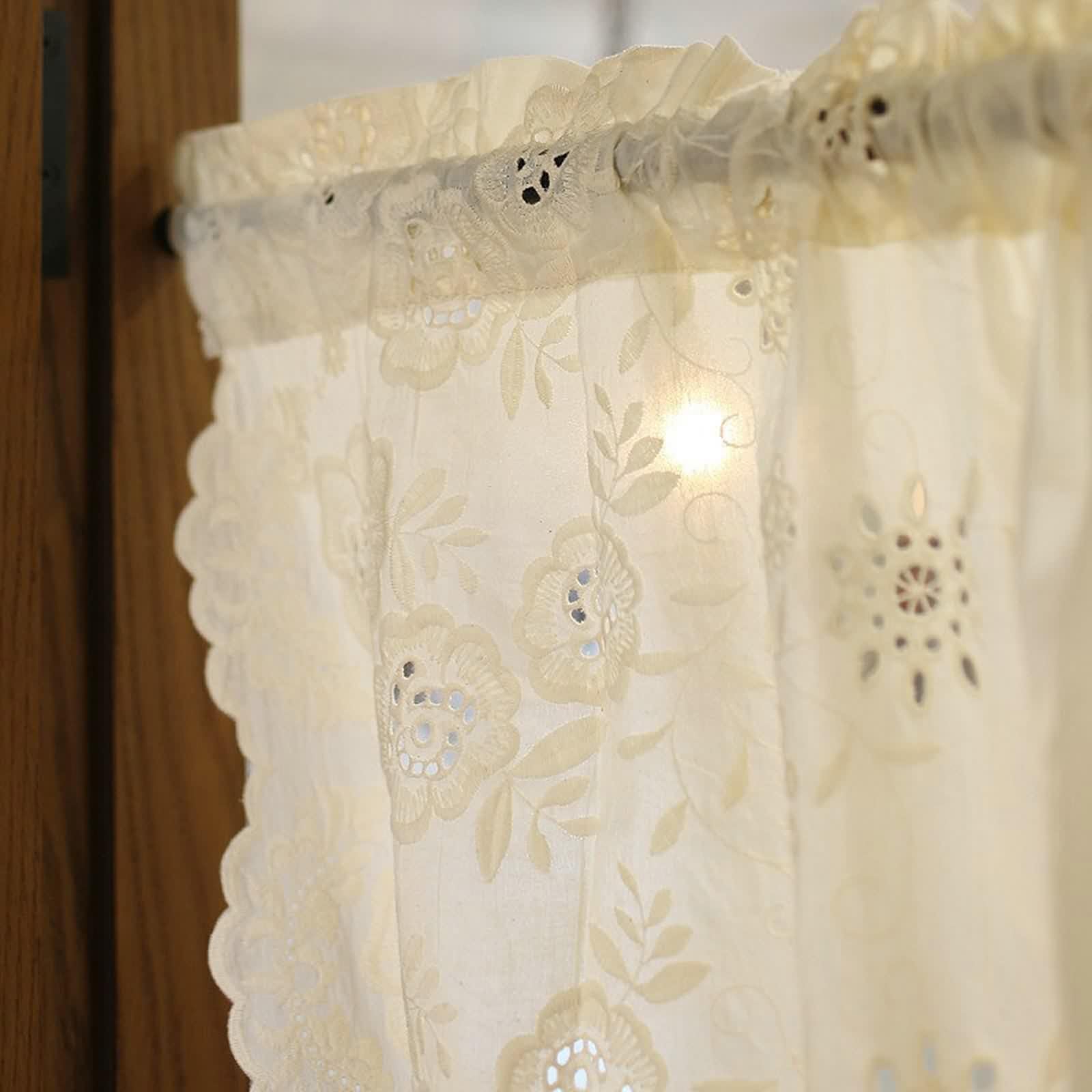 Zazdrostki do jadalni, zazdrostki, krótkie, beżowe, bawełniane, lniane, bistro, haftowane, z kwiatowym wzorem, 1 sztuka, szer. 127 x wys. 110 cm