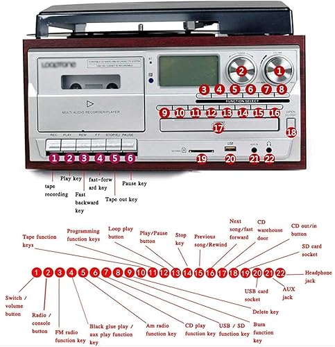 Miniatura 3 de Tocadiscos, reproductor de discos de vinilo Bluetooth tocadiscos de CD cassette de radio AMFM y entrada auxiliar con puerto USB y codificación SD