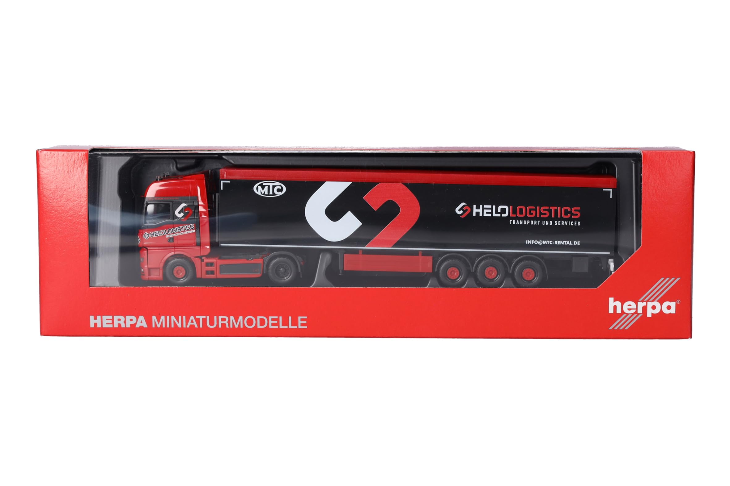 Herpa Model ciężarówki MAN TGX GX naczepa z ruchomą podłogą "Helo-Logistik", miniatura w skali 1:87, kolekcjonerski, Made in Germany, plastik