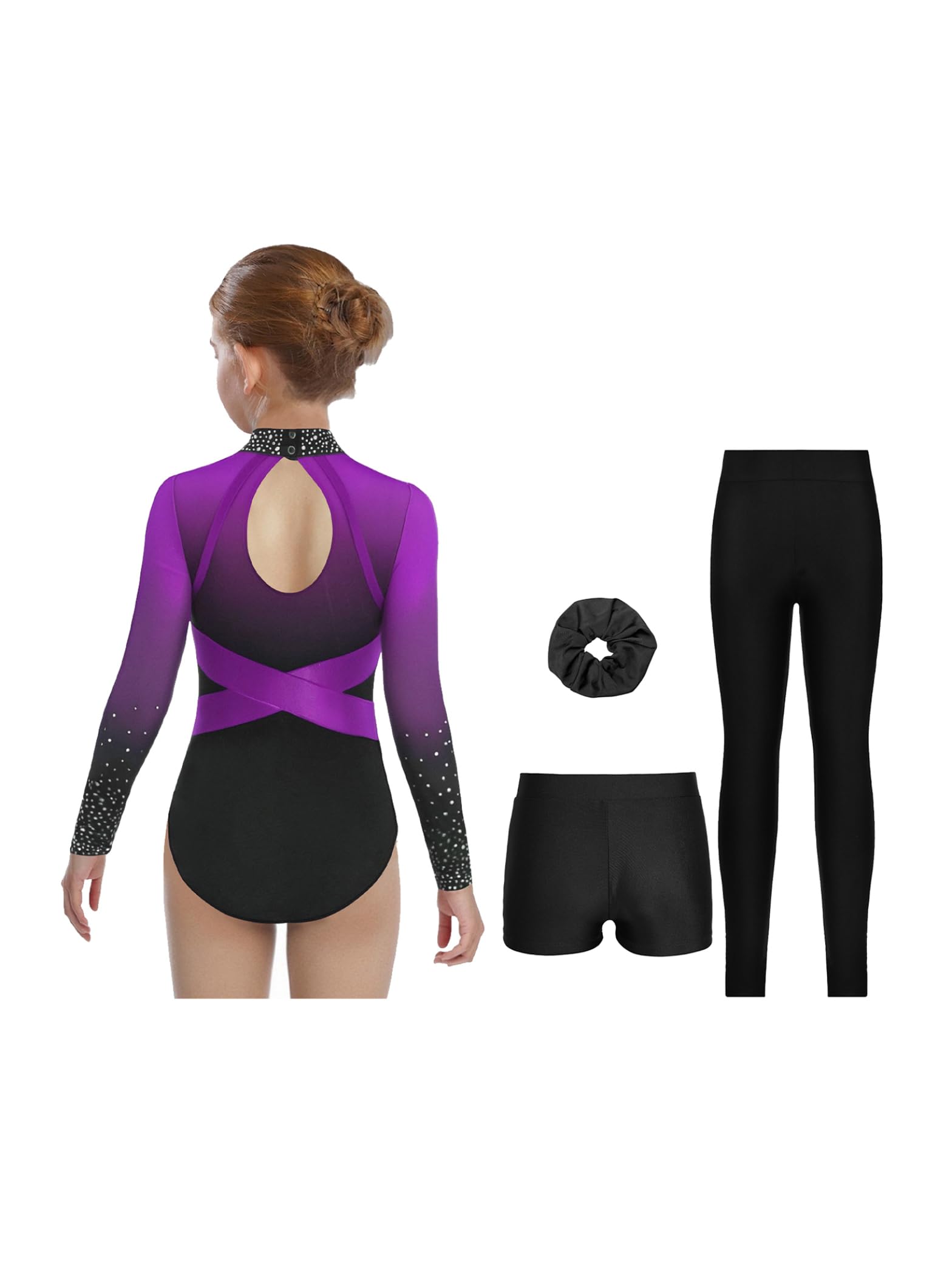 Turnanzug Set 4-teilig Mädchen Strassbody Leggings Shorts Haargummi Eiskunstlauf TanzKostüm 110-170