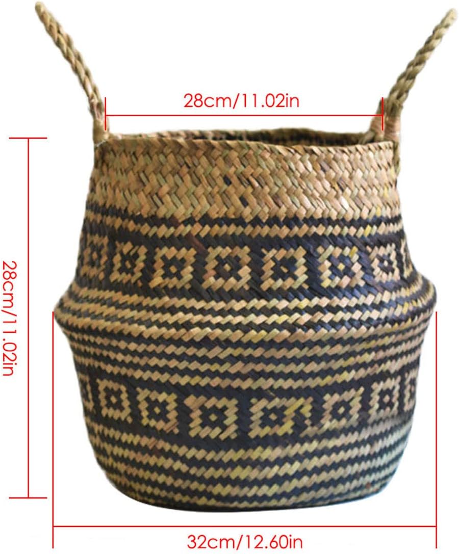 FAMKIT Woven Seagrass Plant Pot Belly Basket Storage Basket with Handles for Laundry Toy