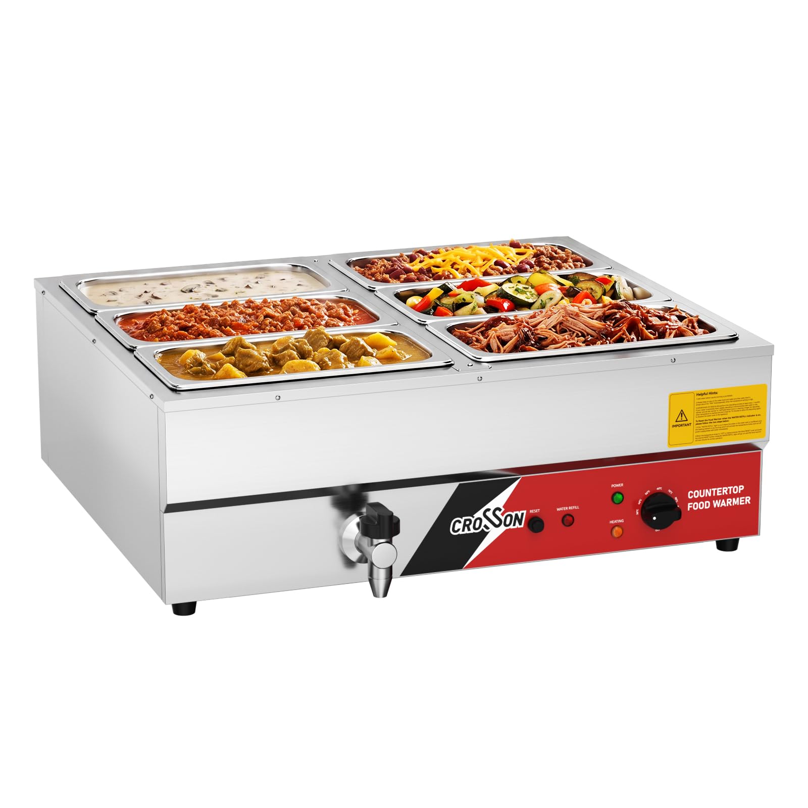 CROSSON Scaldavivande Elettrico bagnomaria Professionale con 6 Vaschette GN 1/3 in Acciaio Inox, Rubinetto di Scarico, Temperatura Regolabile, 1700W/230V, per Buffet, Ristoranti e Catering