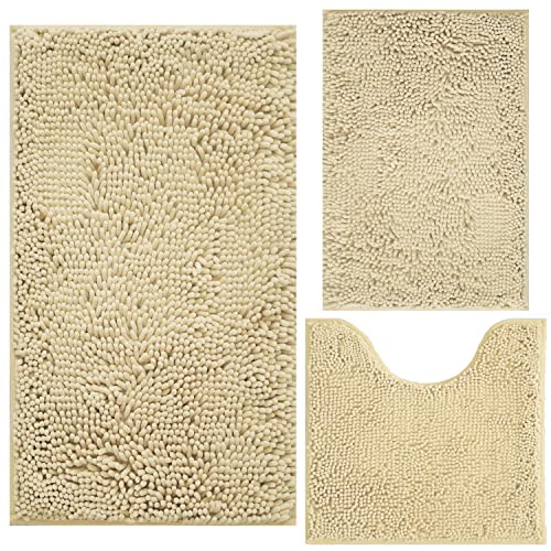 Image of Bath Rugs Chenille 3-Piece Extra Soft and Absorbent Shag Beige Bathroom Rugs, Machine Wash Mat, Strong PVC Non-Slip Underside, Plush Carpet Mats (Beige)