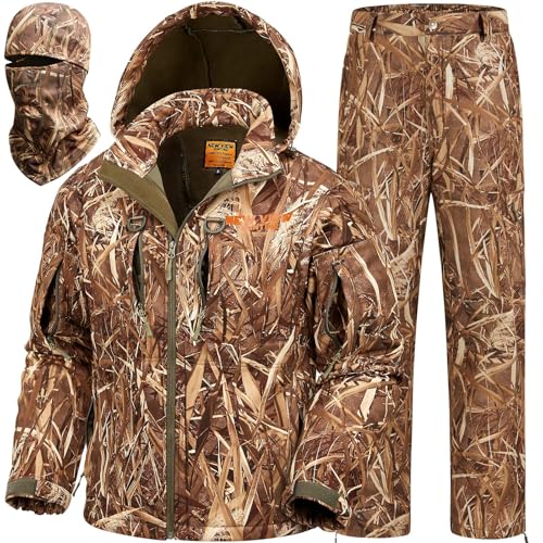 NEW VIEW Ropa de caza de camuflaje para hombre, forro polar cálido y silencioso, chaqueta de caza de ciervos y pantalones con máscara facial
