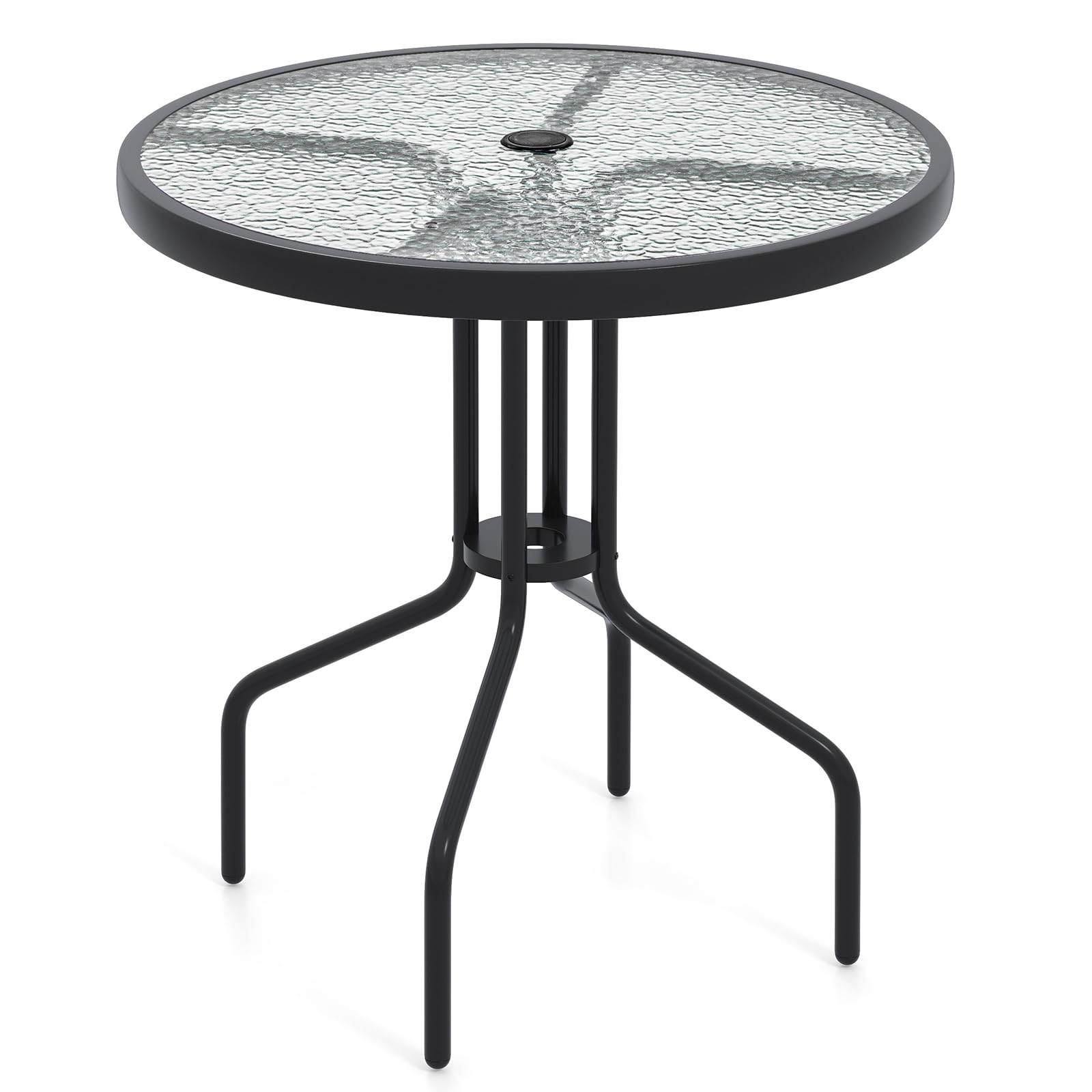 COSTWAY Garden Dining Table, Round Outdoor Coffee Tables with Tempered Glass Top & Parasol Hole, Metal Frame Patio Bistro Side Table for Backyard Poolside Porch