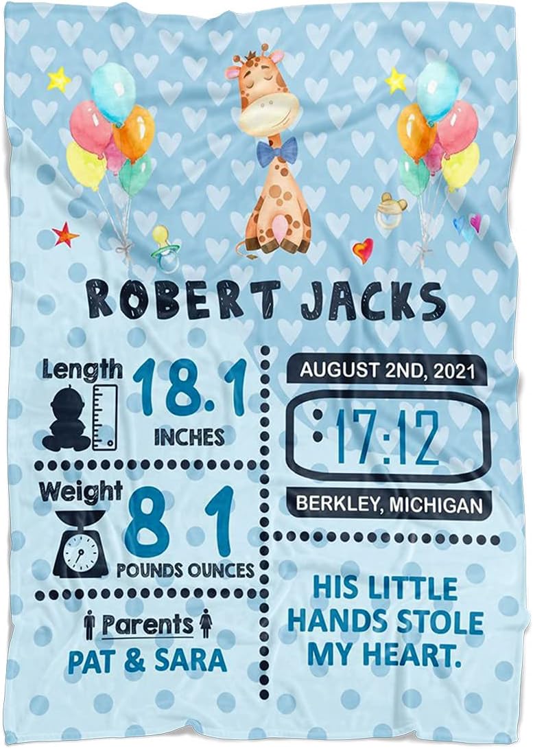 Personalized Baby Birth Stats Animal Blanket for Boys & Girls. Customized Blanket from Baby's Name, Birth Date, Weight Length. Gift for Newborn, Dad Mom Grandparents (Blue)