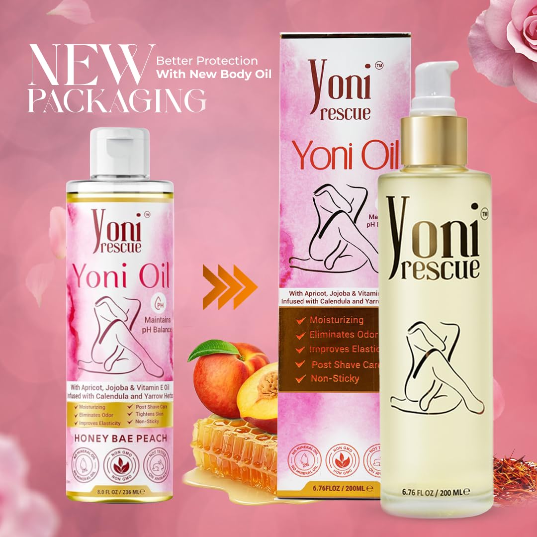 Yoni Oil For Women | Made in USA with Apricot, Jojoba, Vitamin E oil | Daily Moisturizing All Natural Feminine care Oil for Dark Spots, Ingrown Hair | pH Balance | Eliminates Odor | 6.76 oz | Peach