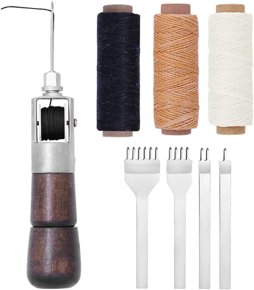 HIONJIN Sewing Awl Kit Portable Stitching Awl Hand Stitcher Repair Tool Kit r with Needles Waxed Threads for Leather DIY Process(D)