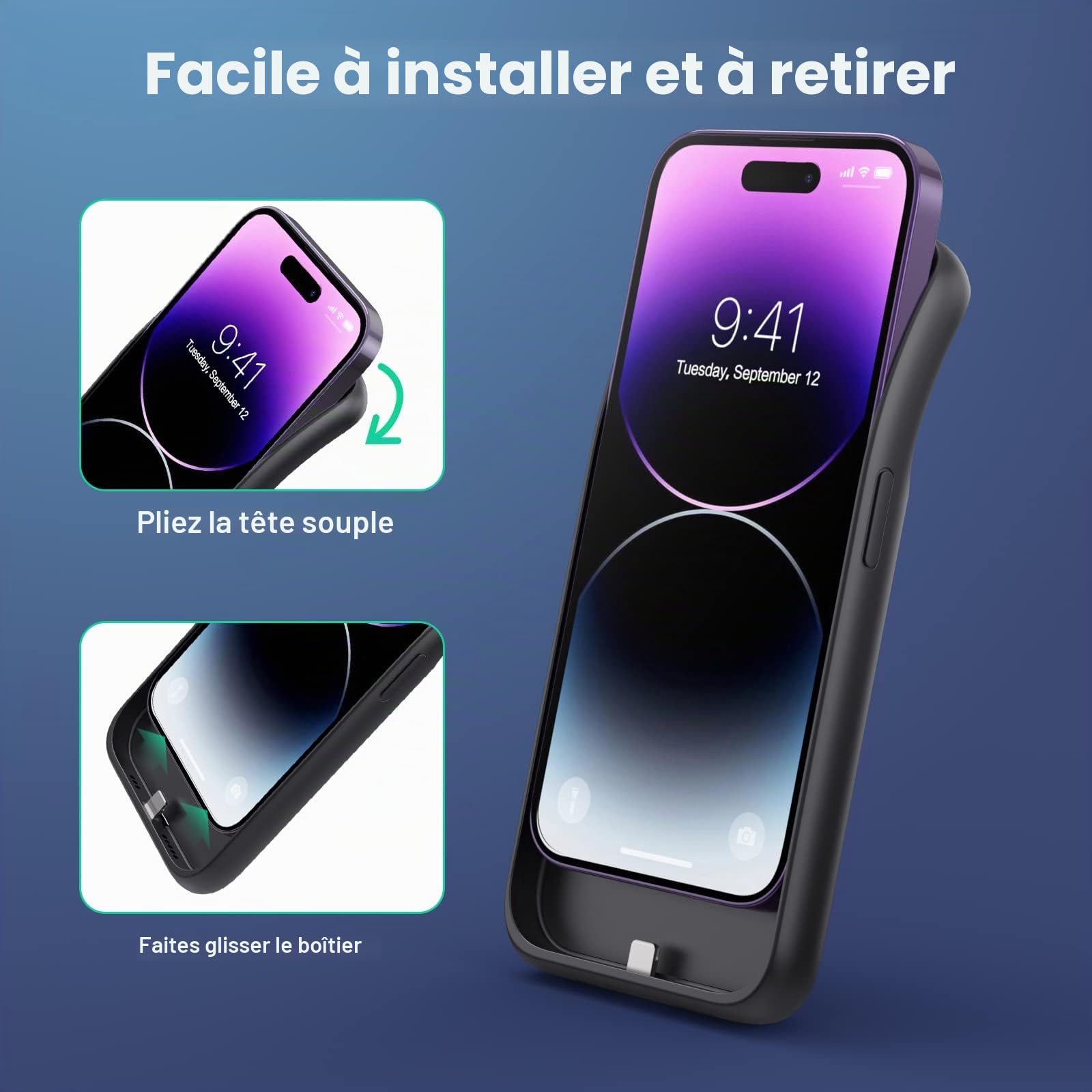 Coque de Protection pour iPhone 14 Pro [7200 mAh] Batterie Rechargeable avec Film de Protection d'écran - Chargeur de Batterie Portable Puissant pour iPhone 14 Pro [6,1 Pouces] - Noir