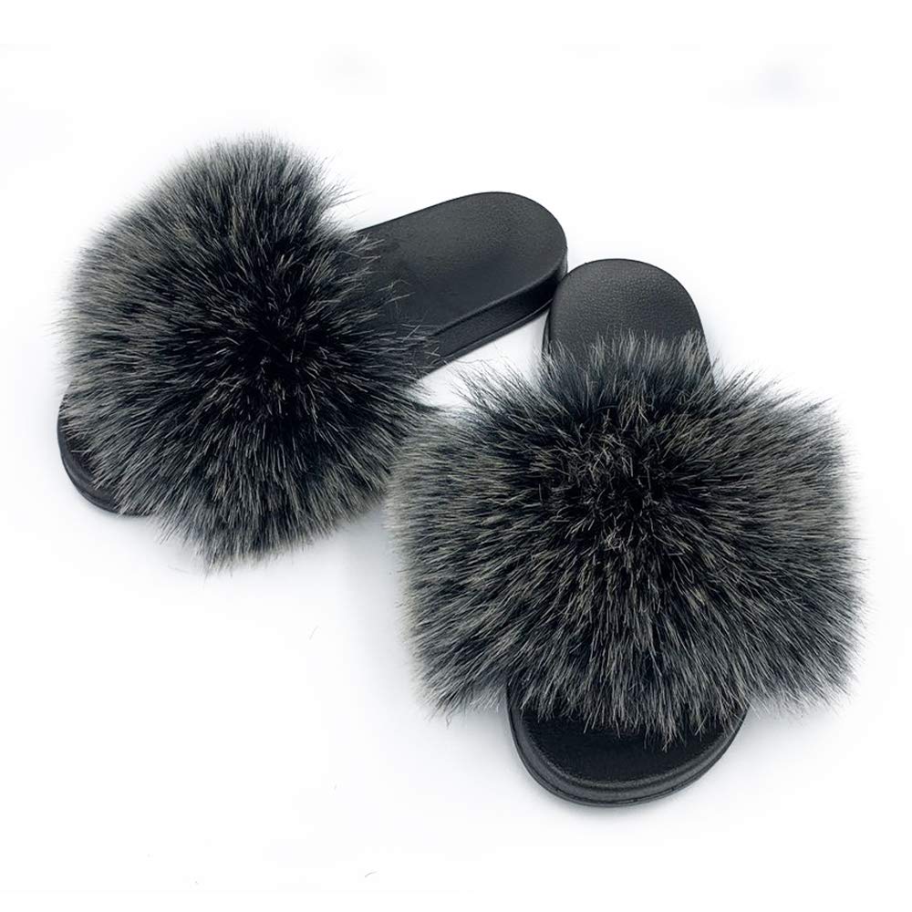 Women's Faux Fur Slides Slippers Fluffy Fuzzy Sandals Open Toe Furry Slide Flip Flop Indoor Outdoor