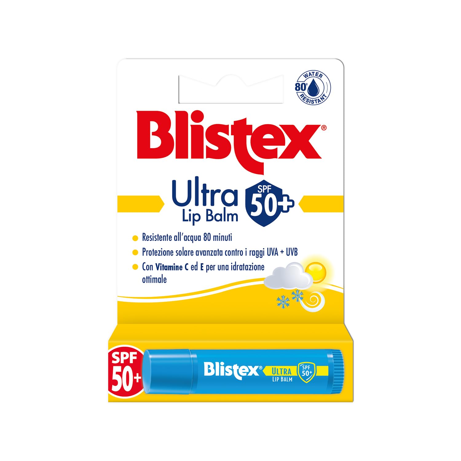 Blistex Ultra Lip Balm SPF 50+, Protezione Solare Labbra UVA/UVB, Alta Idratazione, Resistente all'Acqua, Non Unge, con Vitamina C ed E - Stick da 4,25 g (packaging may vary)
