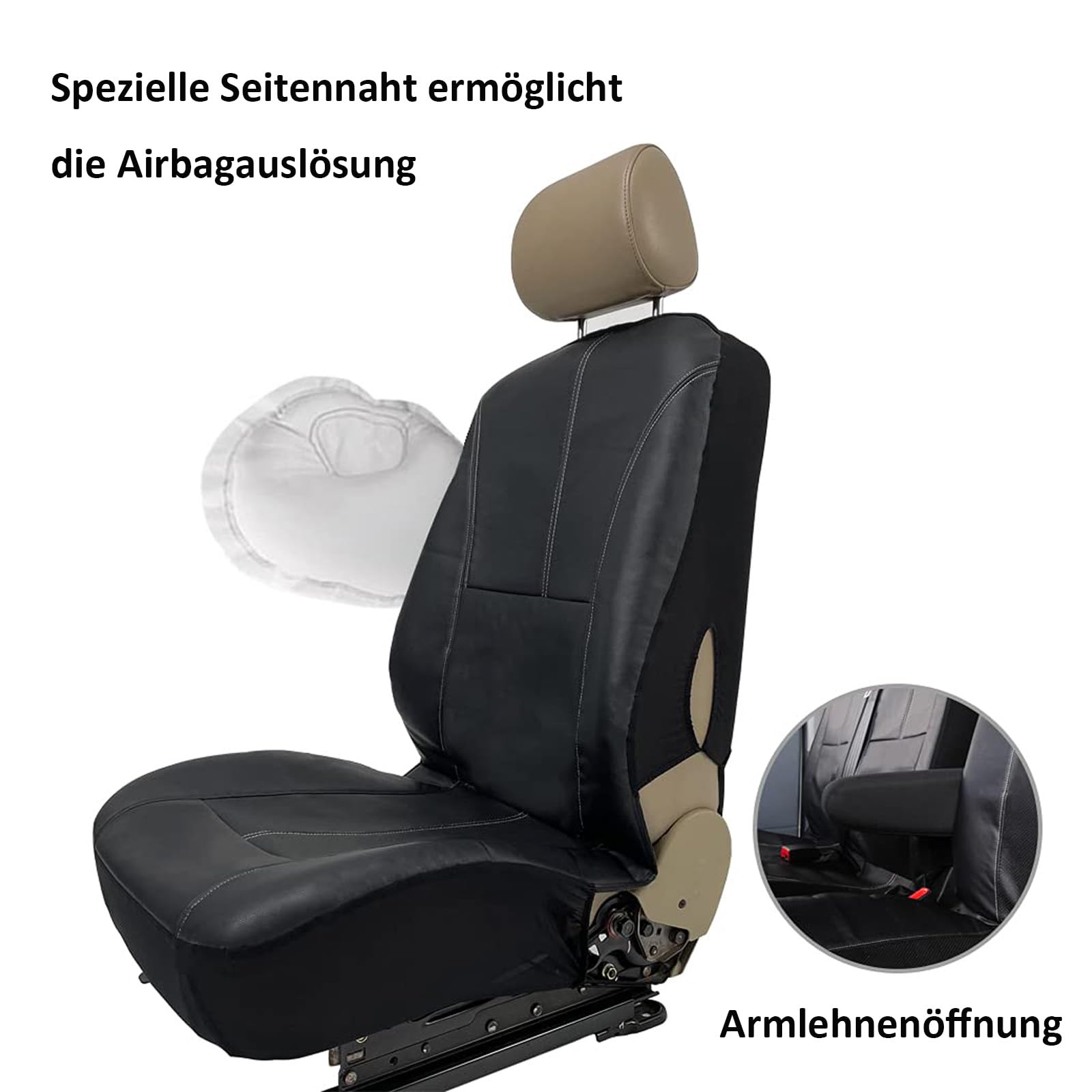 TOYOUN Universal Auto-Sitzbezüge für Transporter LKW Vorn Autositzbezüge Kunstleder Sitzbezug Fahrersitz + 2er Beifahrersitzbank Schonbezüge Schwarz