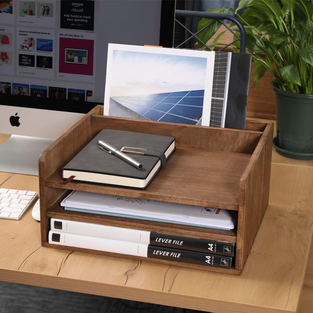 DDYURI Desk Organizer for File Folder Storage with 3 Paper Letter Tray &1 Vertical Compartment- Wood Office Desktop Document Organizer Rack - Filing Folder Mail Sorter Desk accessories Dark WJJ3K-DK