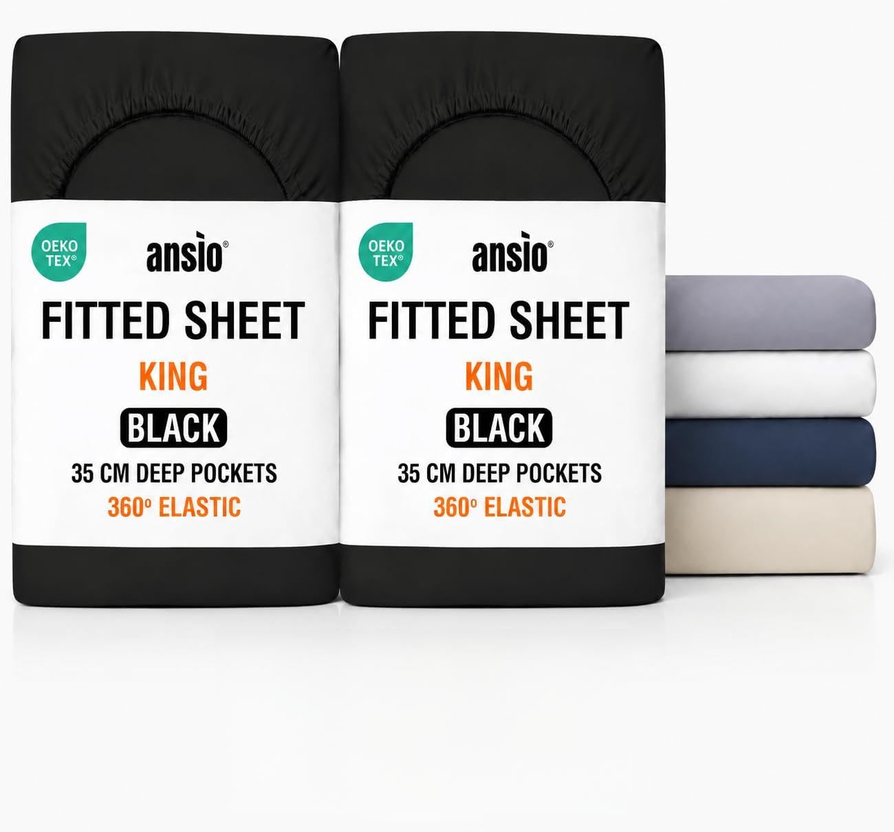 ANSIO® King Size (2 Pack) Fitted Sheet Soft Brushed Microfibre Fabric – Extra Deep Pocket 35cm – All-Around Elastic – OEKO-TEX Certified – Easy Care & Naturally Smooth After Wash - Black