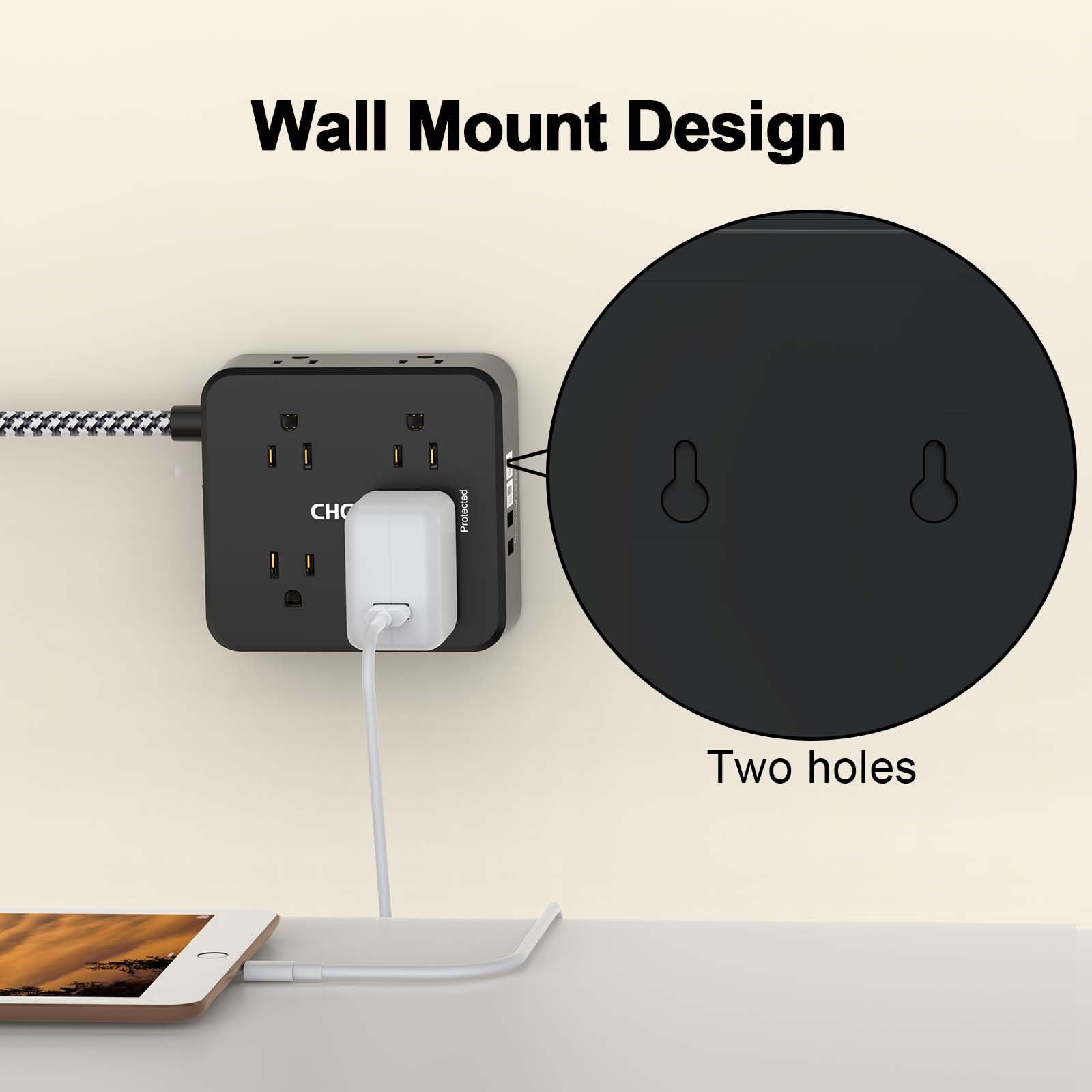 CHCORE 3M geflochtenes Verlängerungskabel mit 8 Steckdosen mit 4 USB-Ladeanschlüssen (2 USB C) Flachstecker Mehrfachstecker Verlängerungskabel Ladestation für Home Office