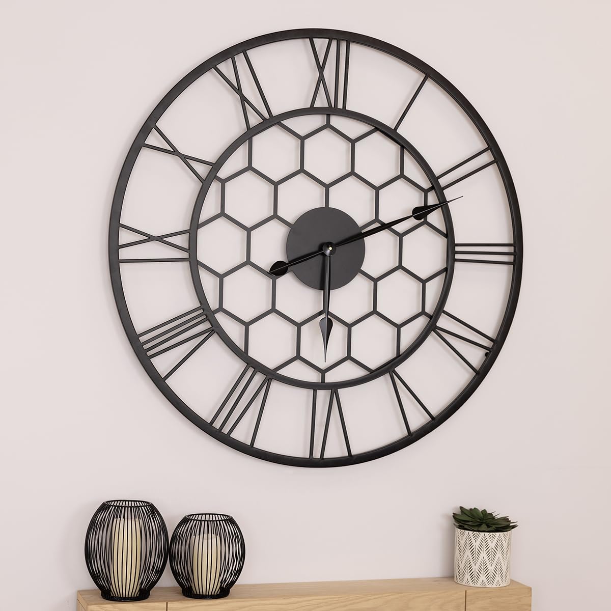 Charles Bentley Black Stanwick Outdoor And Indoor Wall Clock, Coating, Skeleton Design, Metal, Quiet Ticking, Roman Numerals, Giant Open Face, Analog, Patio Clock, Living Room, Kitchen (90X90x4.5cm)