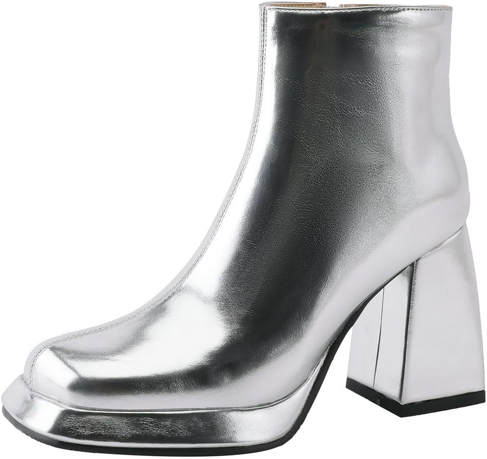 KOKOMOMO Metallic Platform Gogo Boots Square Toe High Chunky Heel Ankle Boots With Zip Up