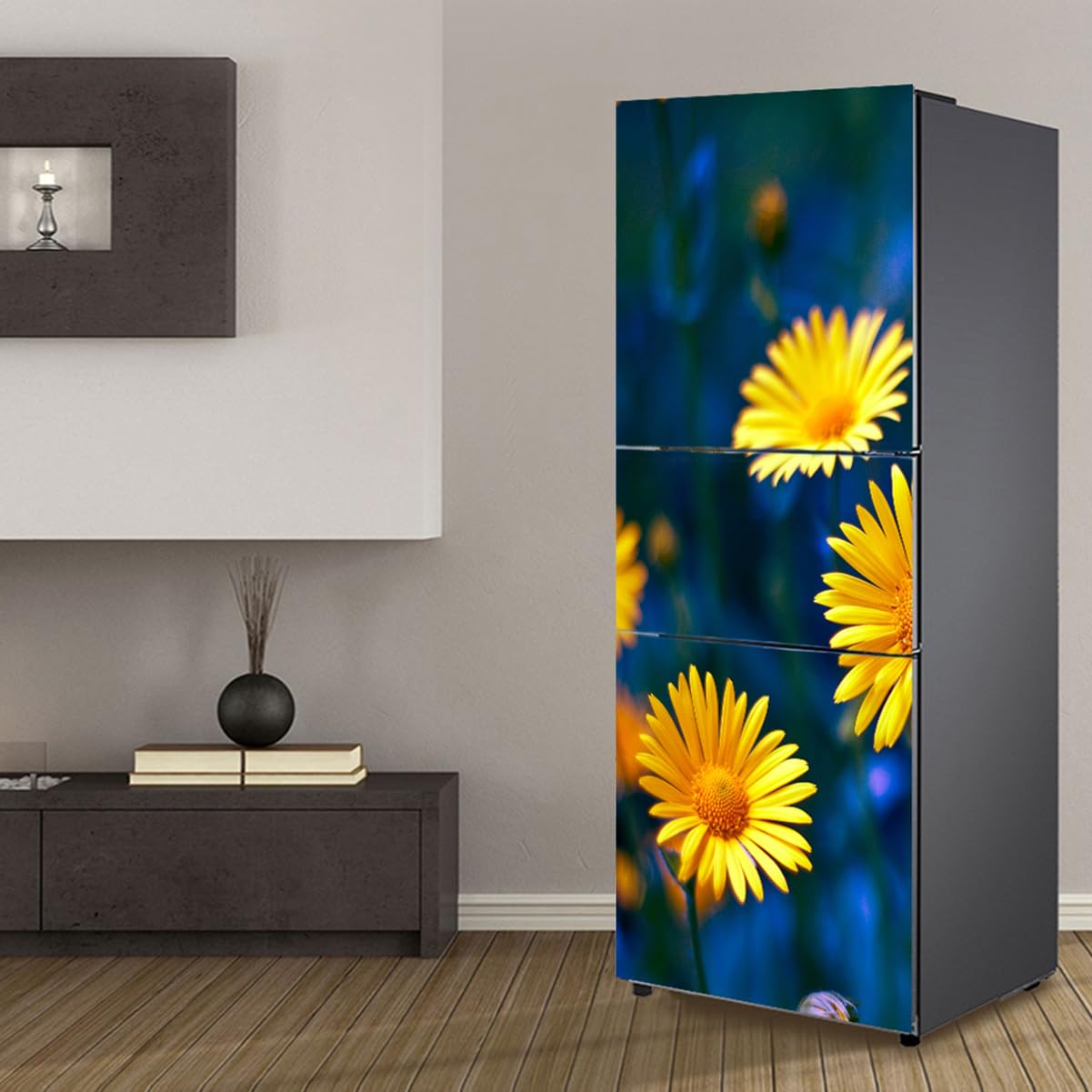 Fridge Stickers, Fridge Sticker Full Covering Door Covers Decor, Freezer Skins Wall Stickers for Kitchen Decal, Yellow Wild Chrysanthemum(S: 60x150 cm)