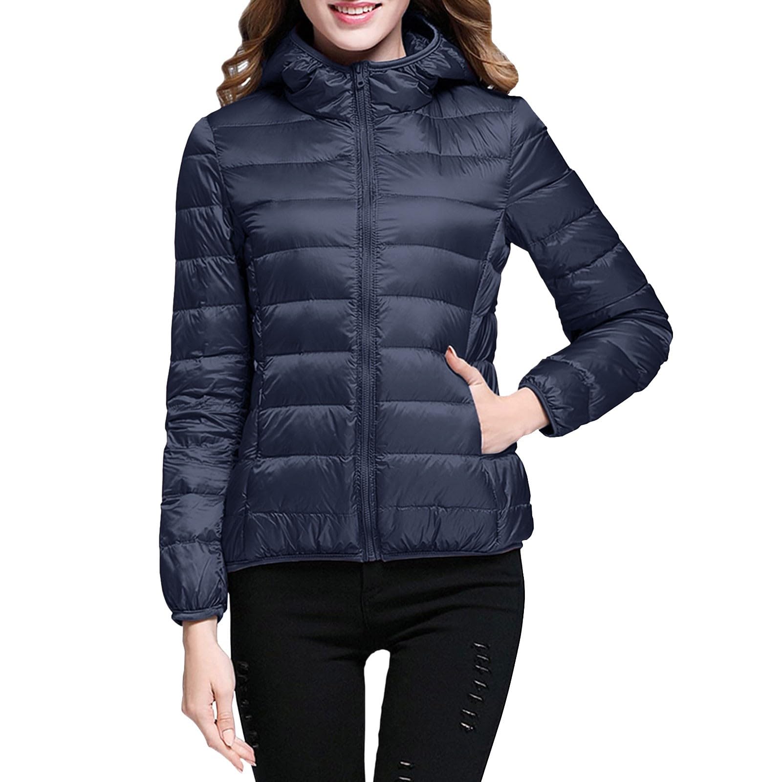 Chaqueta de Plumón Ligera para Mujer Invierno Chaqueta Acolchada Abrigo de Entretiempo con Puños Cálido Manga Larga Hoodie Chaqueta Deportiva con Capucha al Aire Libre