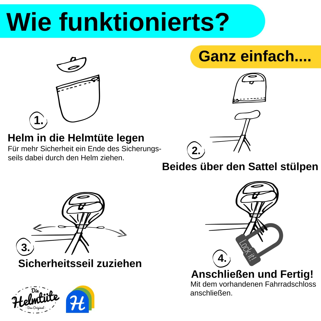 wasserdichte Helmtasche mit Diebstahlschutz; Fahrradhelm einfach am Rad verstauen, Helmschutz & Sattelschutz in einem - auch als Einkaufstasche nutzbar.