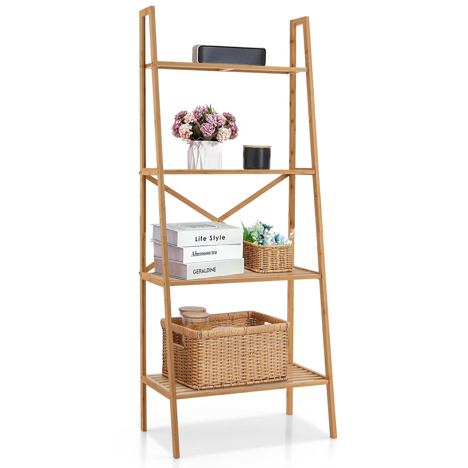 COSTWAY Scaffale a Scala in Bambù a 4 Piani, Supporto Multifunzionale per Piante con Dispositivo Anti-Ribaltamento, Ideale per Terrazza, Giardino, Balcone