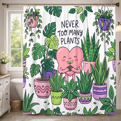 Rideau de douche en polyester imperméable avec motif cœur et plantes caricaturales - Vert printemps - Décoration pour salle de bain, dortoir - 137 x 198 cm
