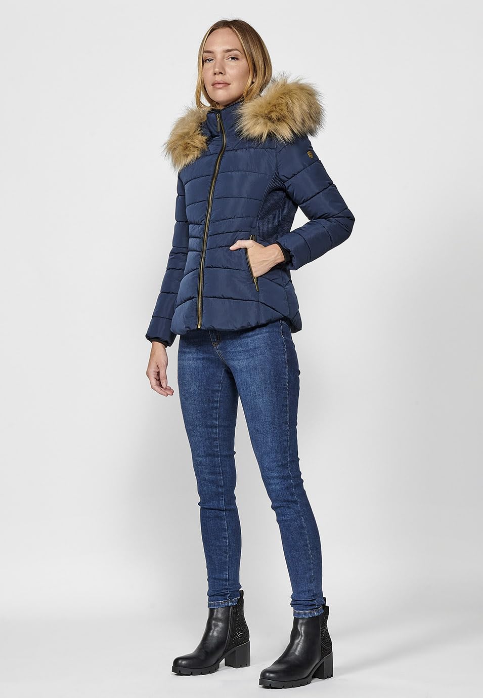 Koroshi NAVY - Giacca imbottita con cappuccio e colletto in pelliccia sintetica con chiusura frontale e cerniera, da donna