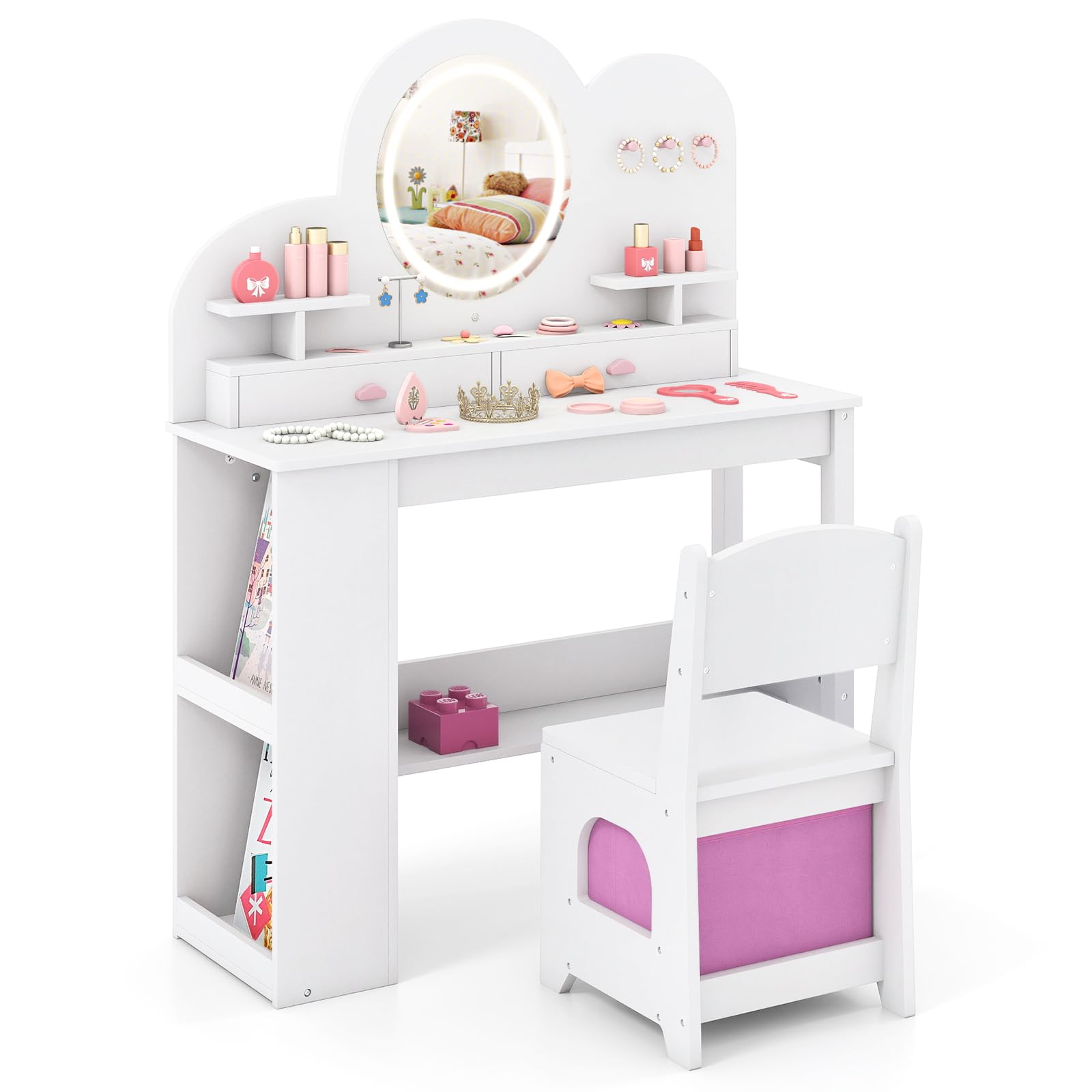 HONEY JOY Kids Vanity with Lights and Open Bookshelf, Cloud Princess Makeup Dressing Desk, Drawers, Wooden Pretend Play Toddler Vanity Table &amp; Chair Set with Lighted Mirror for Little Girls (White)