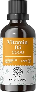 NATURE LOVE® Vitamin D3 5000 (50ml flüssig) - Laborgeprüfte 5000 I.E. pro Tropfen - in MCT-Öl aus Kokos - Vitamin D hochdosiert - hoch bioverfügbar, sehr hohe Stabilität - in Deutschland produziert